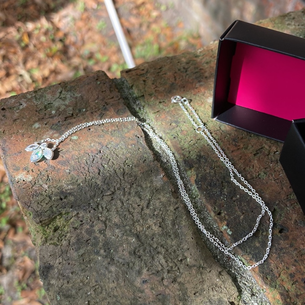 NEW! Avon .925 Sterling Silver Floral Necklace with Jewelry Pouch, Box & Card